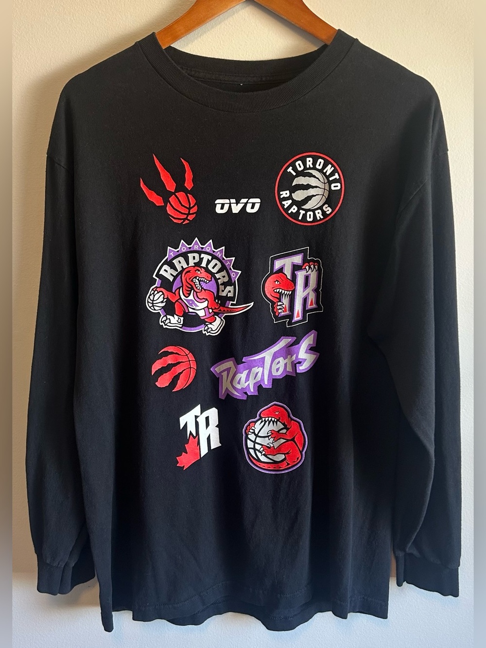 OVO Drake x Raptors Multi Logo T-shirt Sz L Black Long Sleeve Octobers Very Own